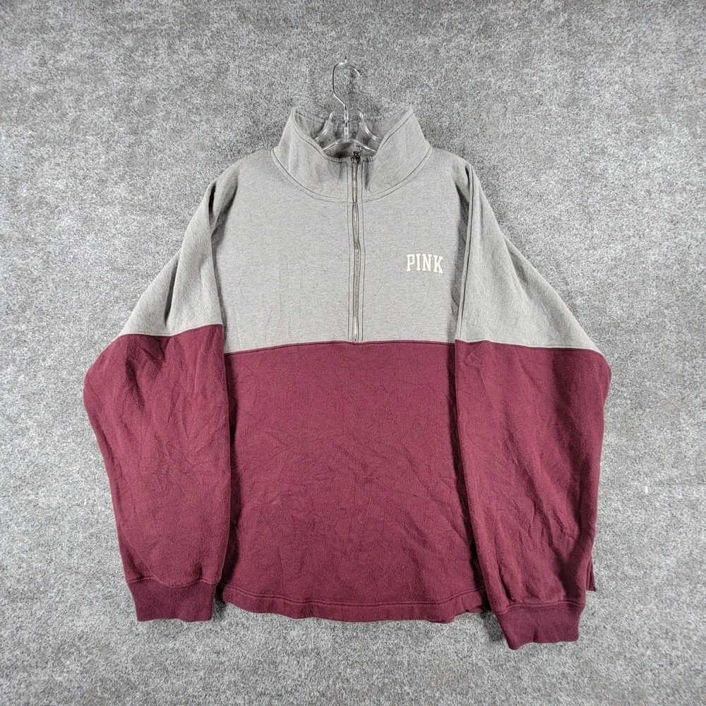 Victoria's Secret Varsity 1/2-Zip Sweatshirt Womens XL Gray‎ Maroon Love Pink